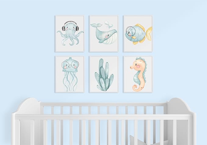 Blue Watercolor Nursery Wall Art Posters Set of 6 Ocean Animal Canvas Art Prints Pictures Sea Whale Jellyfish Seahorse Wall Decor Paintings Nautical Beach for Baby Kids Room 8x10 Inch Unframed