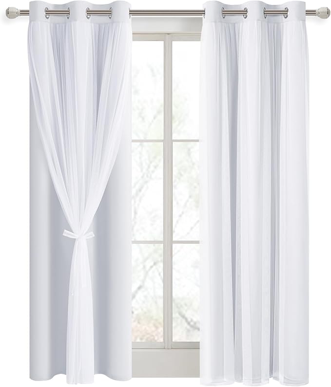 DWCN White Blackout Curtains with Sheer Overlay Thermal Insulated Mix & Match Double Layer Window Panels for Bedroom Living Room Drape Sewn with Tiebacks Grommet Top 38" Wx84 Lx2