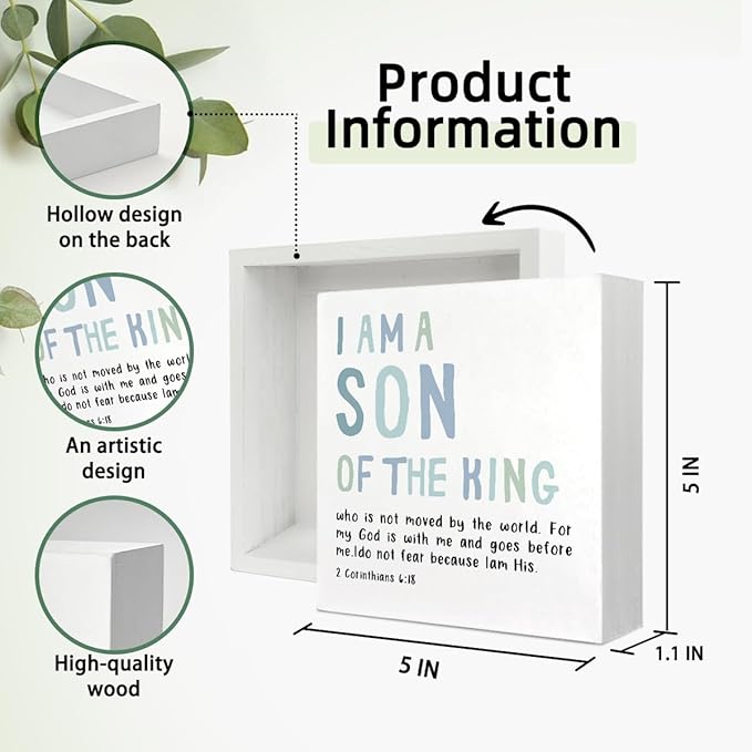 Boy Nursery Decor, I Am A Son of The King Wooden Box Block Sign, Bible Verse Sign, 2 Corinthians 6:18 Scripture Decor for Home Baby Boy Room Nursery, 5x5