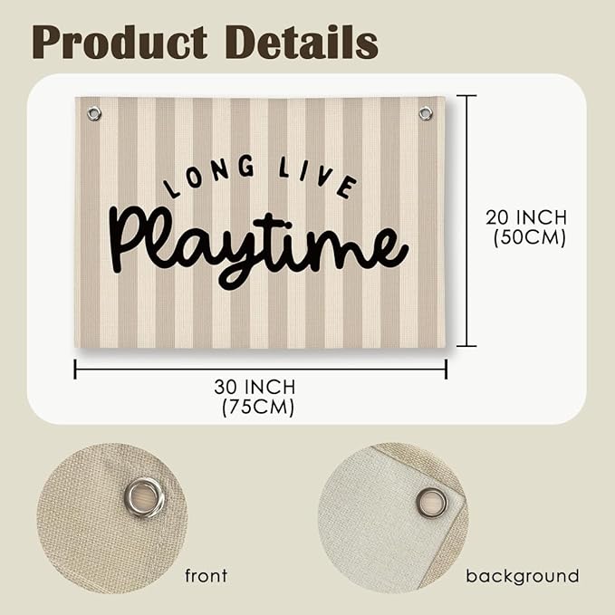 Playroom Decor, Long Live Playtime Wall Hanging Linen Banner, Blue Striped Wall Flag for Kids Room Nursery Playroom Decor, 20x30 Inch-Black