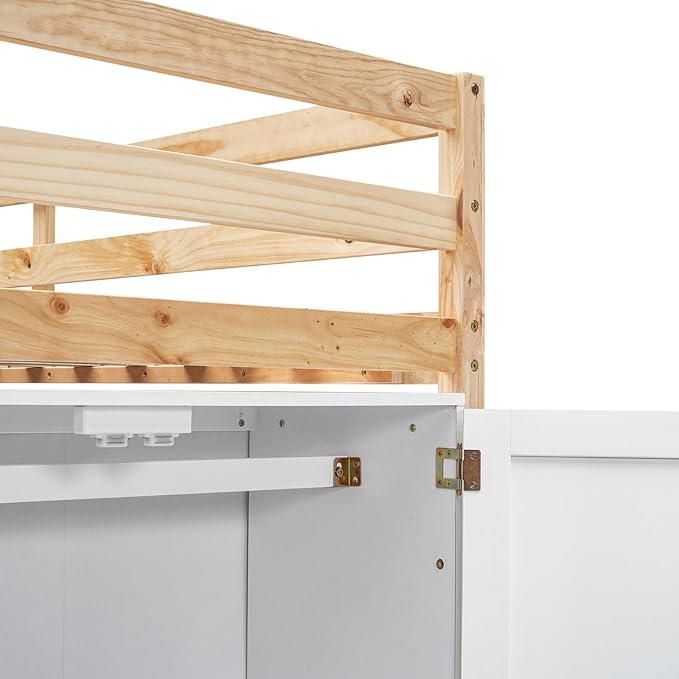 Playhouse Design Twin Size Loft Bed with Built-in Storage Wardrobe and 2 Windows, Solid Wood Loft Bed Frame with Safety Guardrail for Kids Teens Boys Girls, Space-Saving (Whit+Natural)