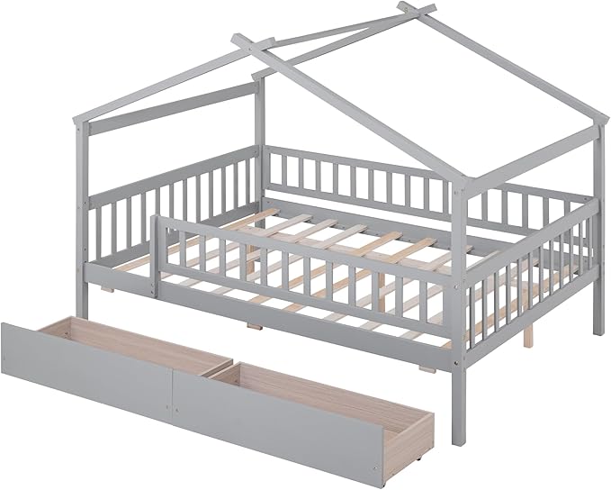 Merax Full Size Wooden House Bed with Two Drawers, Wood Bed Frame with Roof and Safety Guardrail for Kids, Teens, Boys or Girls, Gray