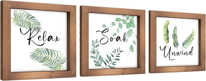 pechpell 3 Piece Relax Soak Unwind Wall Art Bathroom Signs, Wooden Sage Green Botanical Bathroom Decor, Nature Leaves Plant Pictures Table Top Shelf Desk Bedroom Rustic Farmhouse Home Decorations
