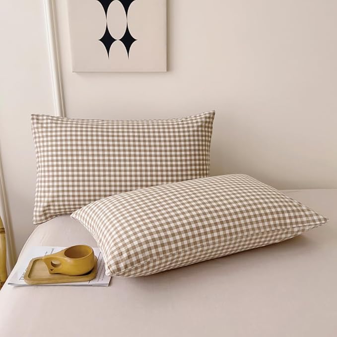 Nayoroom Brown Gingham Comforter Set Queen Size Tan Plaid Checkered Comforter 3 Pieces Soft Lightweight Grid Farmhouse Dorm Bedding Set for All Seasons