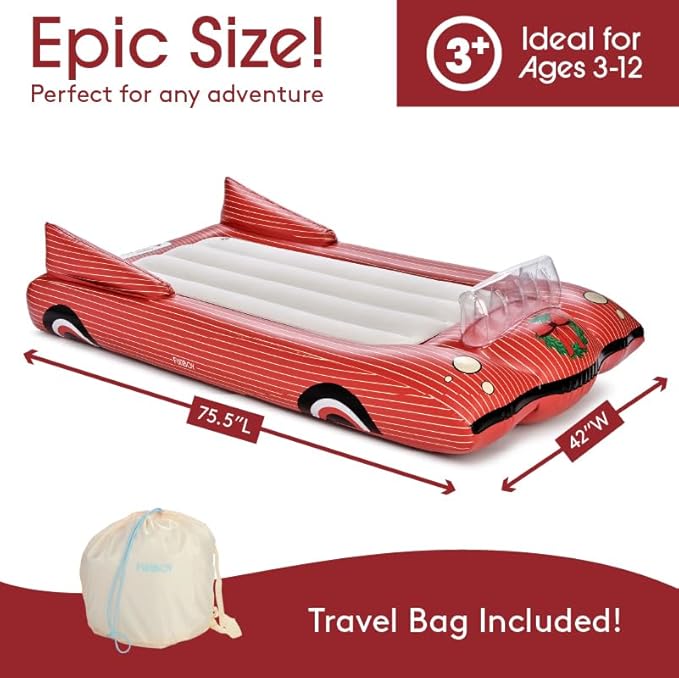 FUNBOY Christmas Convertible Kids Sleeper Air Mattress – Inflatable Red Striped Car Bed with Soft Flocked Surface, Easy Setup