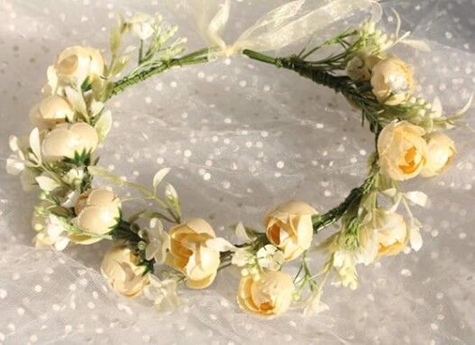 DreamLily Girls Camellias Flower Crown Birthday Photo Pops Hair Wreath Wedding Festival Floral Headpiece XM11 (Ivory)
