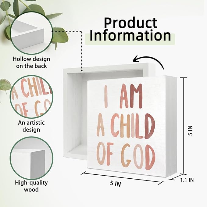 Boho Neutral Baby Girl Boy Nursery Decor - I am a Child of God Christian Wood Box Sign Desk Decor, Toddler Boy Girl Room Decor, Christian Desk Decor, Bible Verse Decor, 5x5