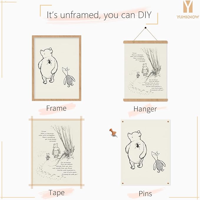 Gifts for Winnie Fans Lover - Vintage Hundred Acre Wood Poster - Winnie The Pooh Nursery Decor - Toddler Room Decor - You Are Braver Than You Think - Motivational Quotes for Kids - Little Boys Décor