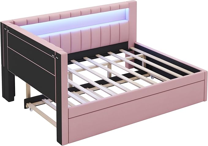 Full Size Soft Daybed with Trundle, Storage Shelves and LED Belt, Linen Upholstered Corner Bed with L-Shaped Bookshelf Headboard and USB Charger for Kids Boys Girls, Pink