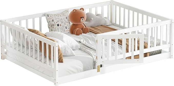 Full Size Floor Bed Frame with Door and Slats,Montessori Floor Bed with Safety Guardrails for Girls Boys,Solid Wood Kids Montessori Bed Full Size,White
