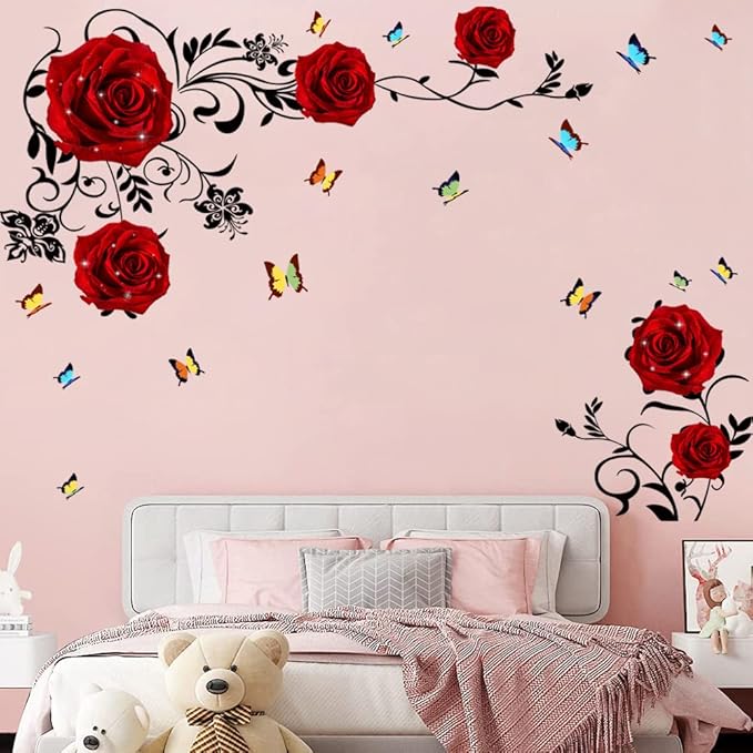 Supzone Red Rose Wall Stickers - DIY Vinyl Mural Art for Bedroom, Living Room, Sofa Backdrop & TV Wall Decoration