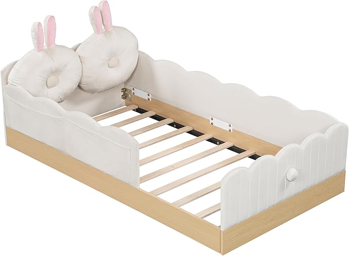 Lovely Twin Size Upholstered Platform Bed with 2 Soft Pillows and Storage Bags, Princess Bed Frame with Cute Rabbit Ear Shaped Headboard and Guardrails for Bedroom, No Box Spring Required (Beige-X52)