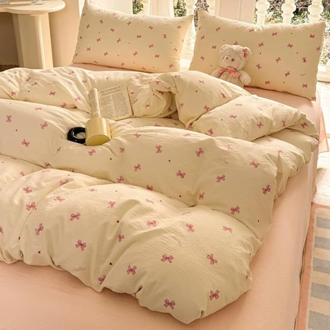 Bow Duvet Cover Queen Size Pink Bowknot Duvet Cover Set with Heart Printed 3 Pcs Kids Boys Girls Princess Style Cute Bows Reversible Bedding Set with Zipper Closure