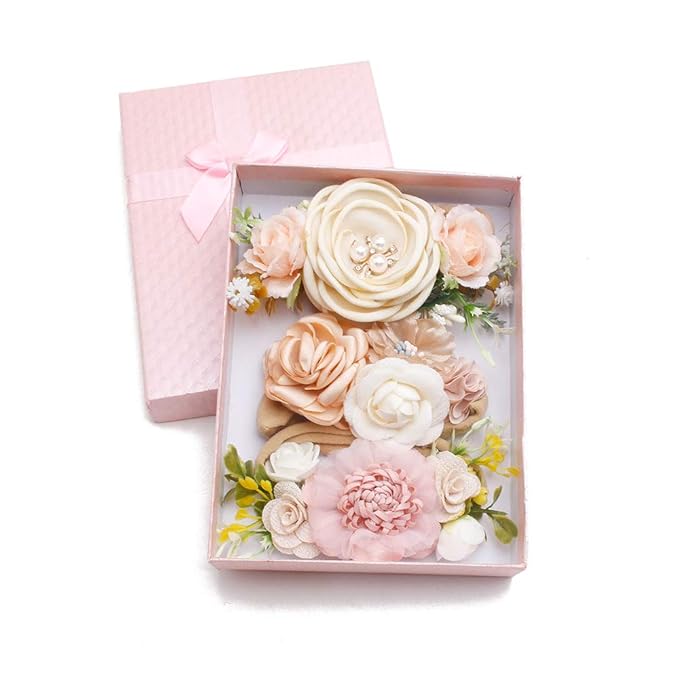 Baby Girl Floral Headbands- 3pcs Nylon Headband Handmade Flower Crown Elastic Hairband Newborn Toddler Hair Accessories Gifts for Girls (1-6 years old)