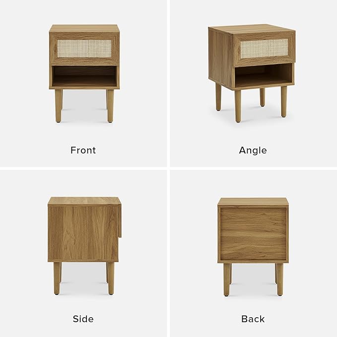 mopio Haylee Rattan Side Table, Small Accent Tables for Living Room, Mid Century Modern Night Stand, Bedside Tables, Wood Nightstands for Bedroom (Oak, Single)