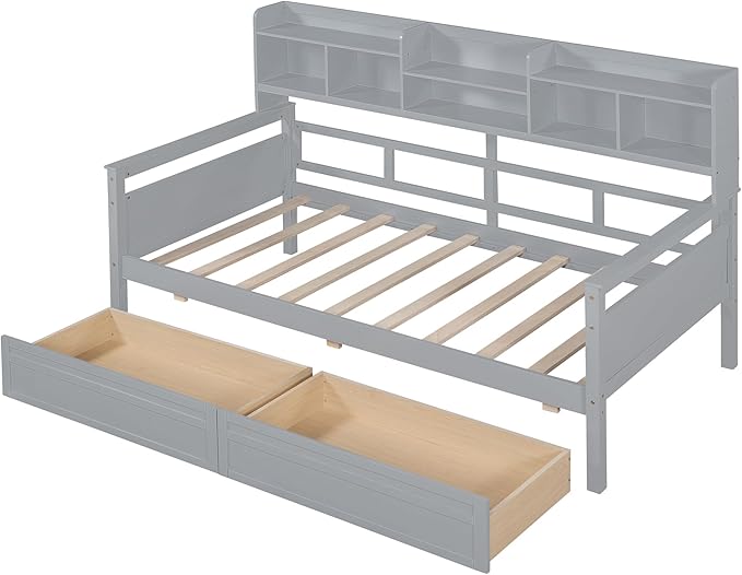 Harper & Bright Designs Twin Daybed with Storage, Wood Twin Size Bed Frame with Bookcase Headboard and 2 Drawers, Twin Sofa Bed with Shelves for Living Room Bedroom, No Box Spring Need, Grey