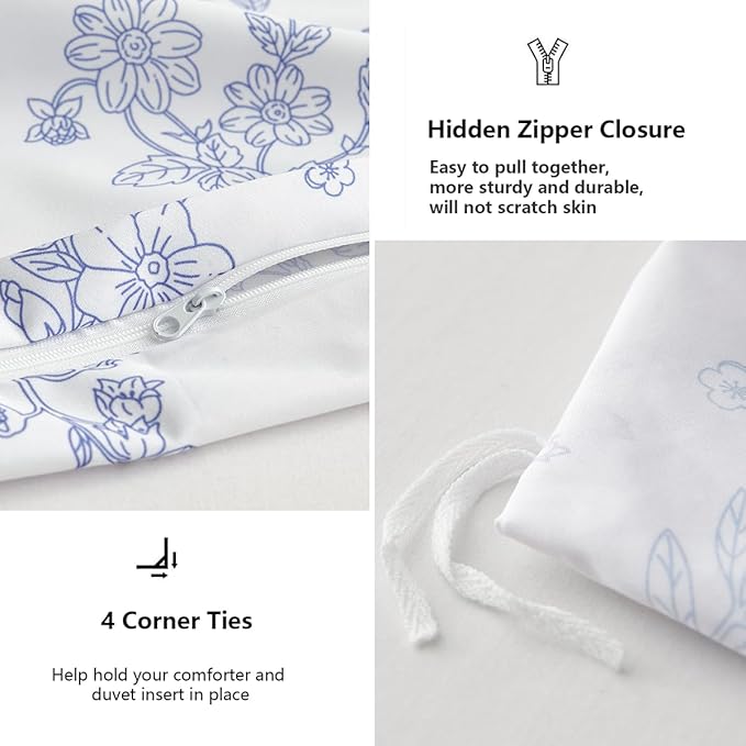 Blue Floral Duvet Cover Queen Cornflower Blue Botanical Flower Bedding Set Reversible Garden Coquette Bedding Girls Soft Microfiber 3Pcs Zipper Closure(No Comforter)