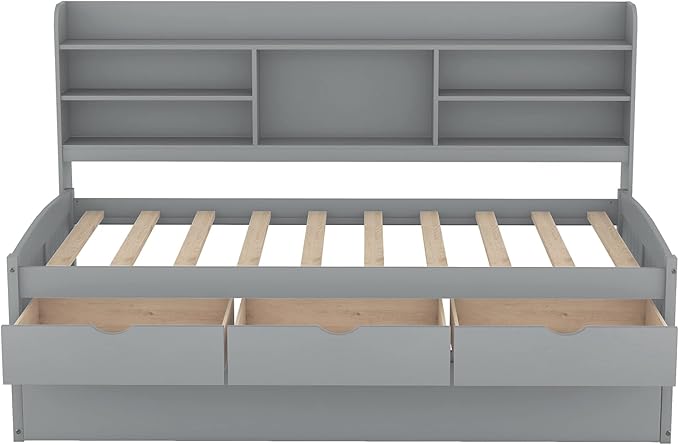 Harper & Bright Designs Twin Size Captain Bed with Built-in Bookshelves/3 Storage Drawers/Trundle, Wooden Twin Daybed Bed Frame for Kids Teens Dorm Bedroom Multipurpose Guest Room, Light Grey