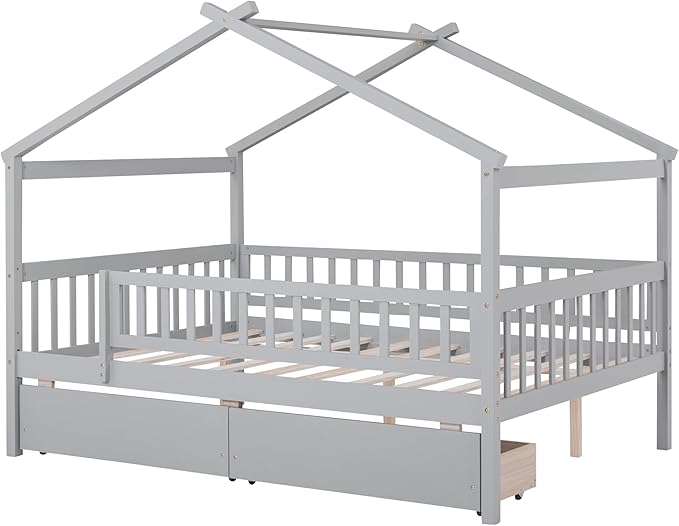 Full House Bed with 2 Storage Drawers, Kids Full Bed Frame with Rails and Roof, Tent Bed, Wooden Full Daybed, Full Montessori Bed for Kids Teens Girls & Boys, No Box Spring Needed (Gray)