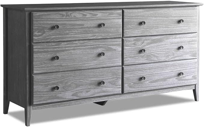 Grain Wood Furniture Greenport 6-Drawer Bedroom Dresser, Solid Wood with a Brushed Grey Finish