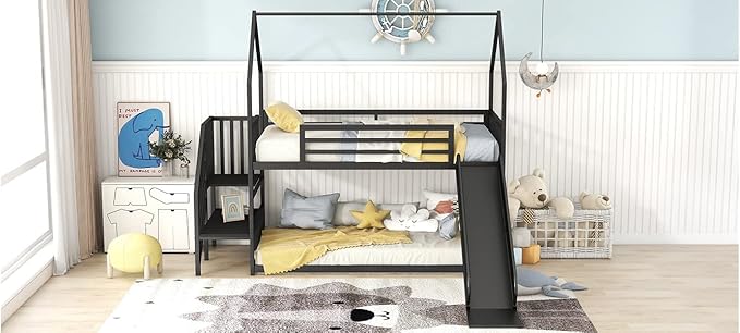 MERITLINE Metal Bunk Bed Twin Over Twin Bunk Bed Frame with Slide and Stairway,Twin Over House Bed with Guardrails