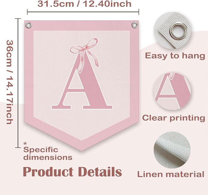 Lacama Initial Personalized Preppy Banner, Baby Shower Decor Girl Nursery Decor, Coquette Pink Bow Teen Girl Gifts, Vintage Room Toddler Room Bedroom Playroom Front Door Birthday Gift(A)