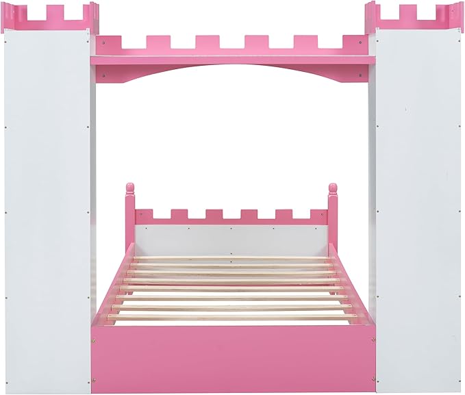 Castle-Shaped Wooden Platform Bed with Storage Shelf, Dreamy Twin Size Kids Platform Bed for Girls Boys Bedroom, Sturdy Slats Support (White+Pink Castle)