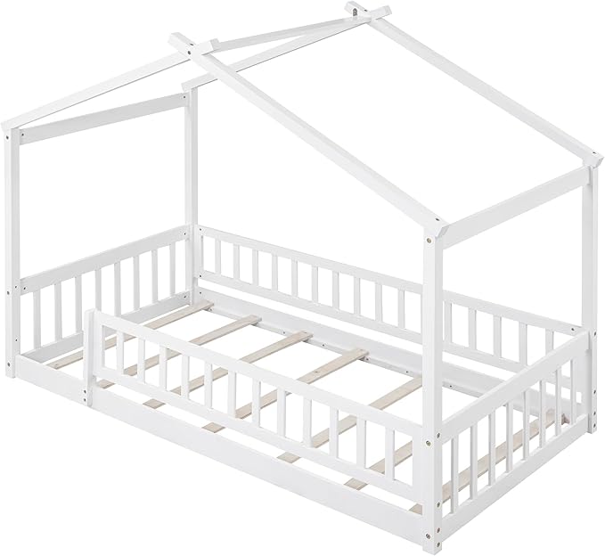 Merax Twin Size Wooden House Bed with Fence, Wood Bed Frame with Roof and Safety Guardrail for Kids, Teens, Boys or Girls, White