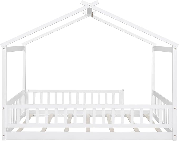 Merax Full Size Wooden House Bed with Fence, Wood Bed Frame with Roof and Safety Guardrail for Kids, Teens, Boys or Girls, 57" L x 62.9" W x 79.5" H, White