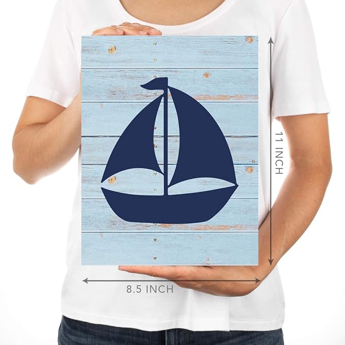 Andaz Press Personalized Ocean Nautical Sailor Theme Nursery Kids Bedroom Hanging Wall Art Decor, 8.5x11-inch, Rustic Blue Wood, Boat, Anchor, 6-Pack, Custom Name Unframed Room Poster