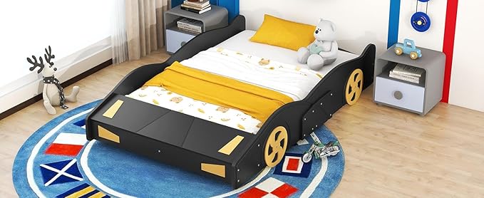 Full Size Race Car-Shaped Platform Bed Bedframe with Wheels and Storage, 90.6" L x 55.3" W x 15.7" H Black+Yellow