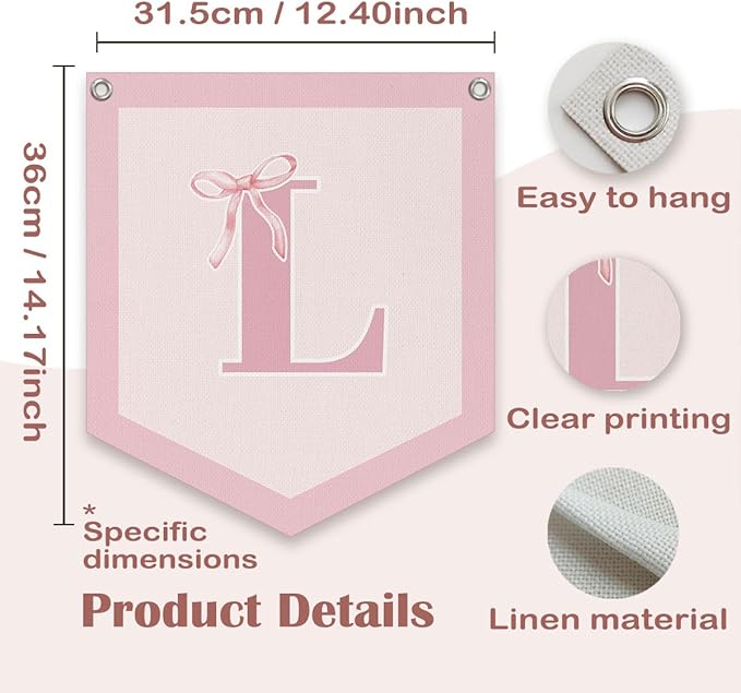 Lacama Initial Personalized Preppy Banner, Baby Shower Decor Girl Nursery Decor, Coquette Pink Bow Teen Girl Gifts, Vintage Room Toddler Room Bedroom Playroom Front Door Birthday Gift(L)
