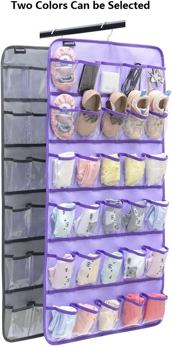 Hanging Baby Shoes Organizer Baby Headband Holder Closet Organizer for Baby Bow Socks Underwear with 30 Clear Pockets (GREY)