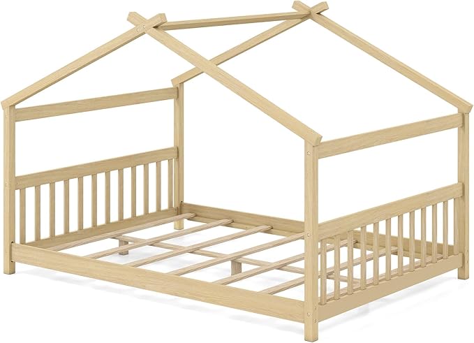 Giantex Full Size Floor Bed, Solid Wood Montessori House Bed with Roof, Headboard and Footboard, Low Full Bed Frame for Kids Teens Girls Boys, No Box Spring Needed, Natrual