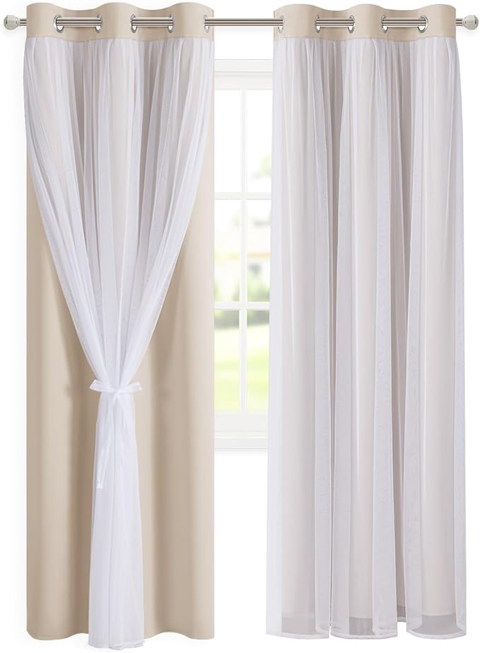 DWCN Beige Layered Curtains for Living Room Blackout and Sheer Curtains Grommet Top Window Treatment with Sheer Overlay for Bedroom, 38 W by 84 L, 2 Pieces
