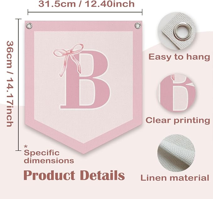 Lacama Initial Personalized Preppy Banner, Baby Shower Decor Girl Nursery Decor, Coquette Pink Bow Teen Girl Gifts, Vintage Room Toddler Room Bedroom Playroom Front Door Birthday Gift(B)