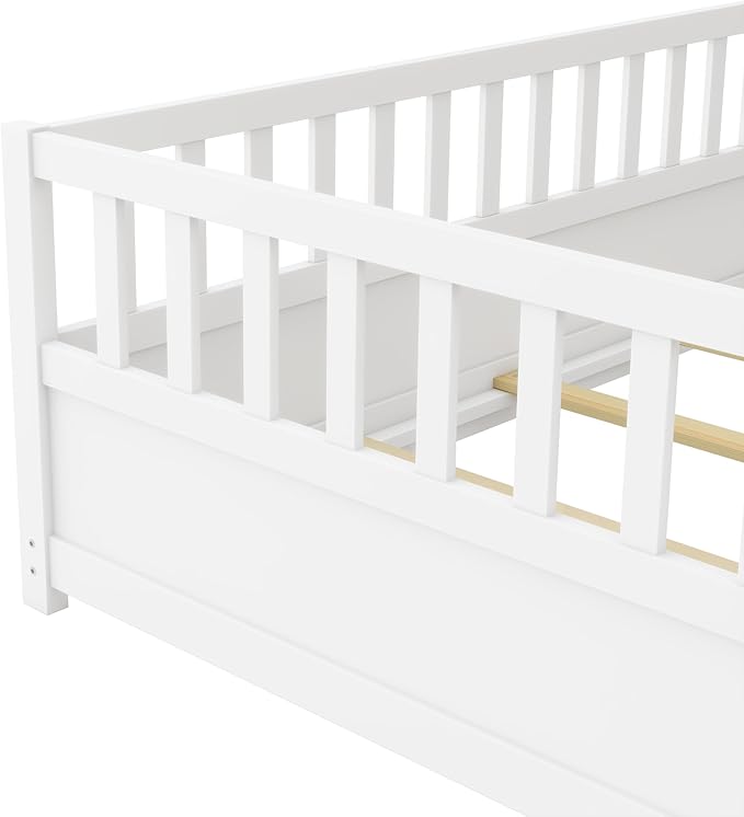 Bellemave Twin Floor Bed with Slats and High Fence, Twin Size Montessori Floor Beds with Door, No Box Spring Needed, Easy Assemble Montessori Bed Frame(White Twin)
