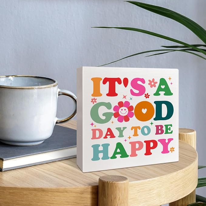 Boho Hippie Mental Health Wood Box Sign Desk Accessories Decor for Therapy School Counselor Counseling Office, Inspirational It’s a Good Day to Be Happy Decor for Nursery Classroom Toddler Room