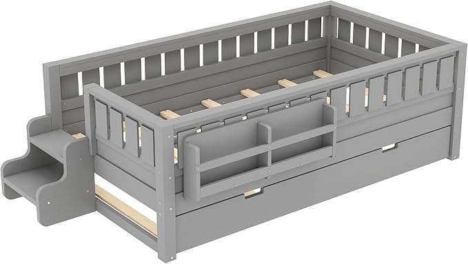Bellemave Twin Bed with Trundle Twin and Stairs, Twin Size Platform Bed Frame with Fence and Bookshelf, Easy Assemble Beds for Kids, Girls, Boys, Gray