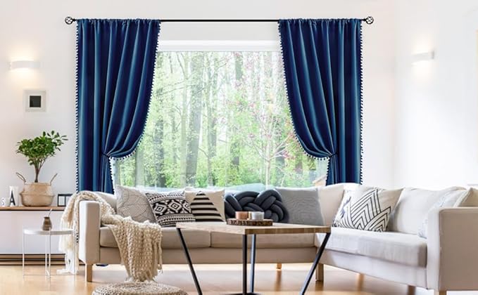 Treatmentex Pompom Blackout Window Curtains Navy Royal Blue Full Blackout Curtains for Bedroom Living Room 63 inch Thermal Insulated Window Curtain Panels 52" w x2 Panels Rod Pocket