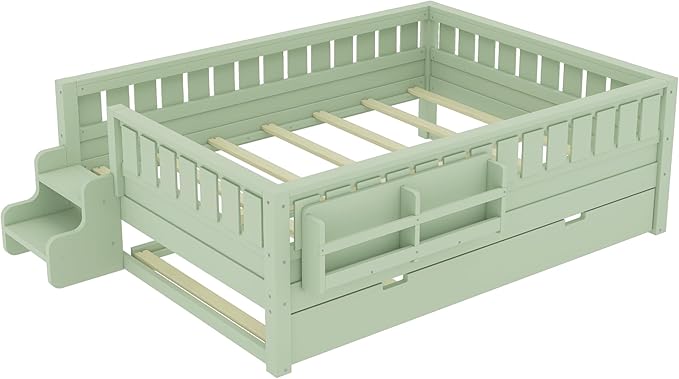 Bellemave Full Bed with Trundle and Stairs, Full Size Platform Bed Frame with Fence and Bookshelf, Easy Assemble Beds for Kids, Girls, Boys, Green