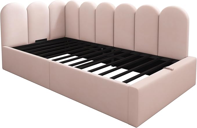 Merax Twin Size Upholstered Lift Up Sofa Day Bed with Headboard, Floor Sofa Daybed with Metal Slat Support, Lift Up Bed Frame for Kids, Boys, Girls Twin, Pink