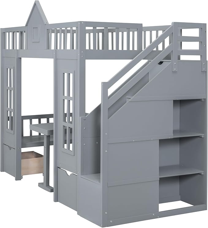 Playhouse Twin Size Loft Bed with Storage Staircase, Solid Wood Bunk Bed Frame with Guardrail for Kids Teens Boys Girls, Down Bed Convertible to Seats and Table Set (Grey-C)