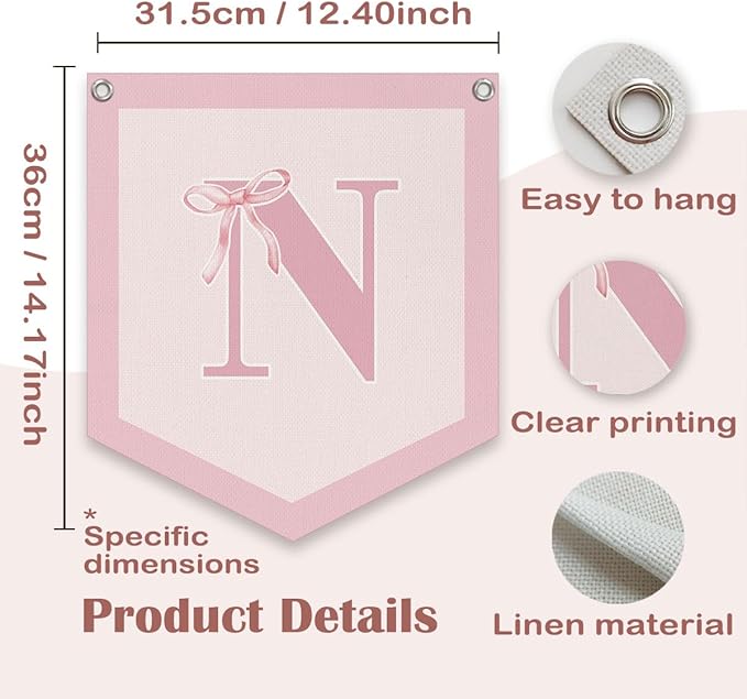 Lacama Initial Personalized Preppy Banner, Baby Girl Nursery Shower Decor Gifts, Coquette Pink Bow Teen Girl Gifts, Vintage Room Decor Toddler Room Bedroom Playroom Front Door Birthday Gift(N)