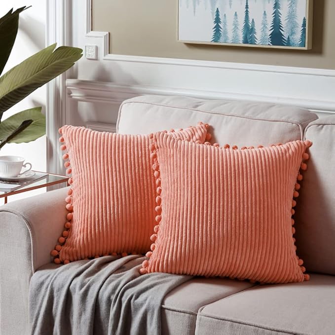 Fancy Homi Set of 2 Coral Decorative Throw Pillow Covers 14x14 Inch with Pom-poms for Couch Bed Sofa, Modern Farmhouse Boho Home Decor, Soft Plush Corduroy Cute Cushion Case 35x35 cm