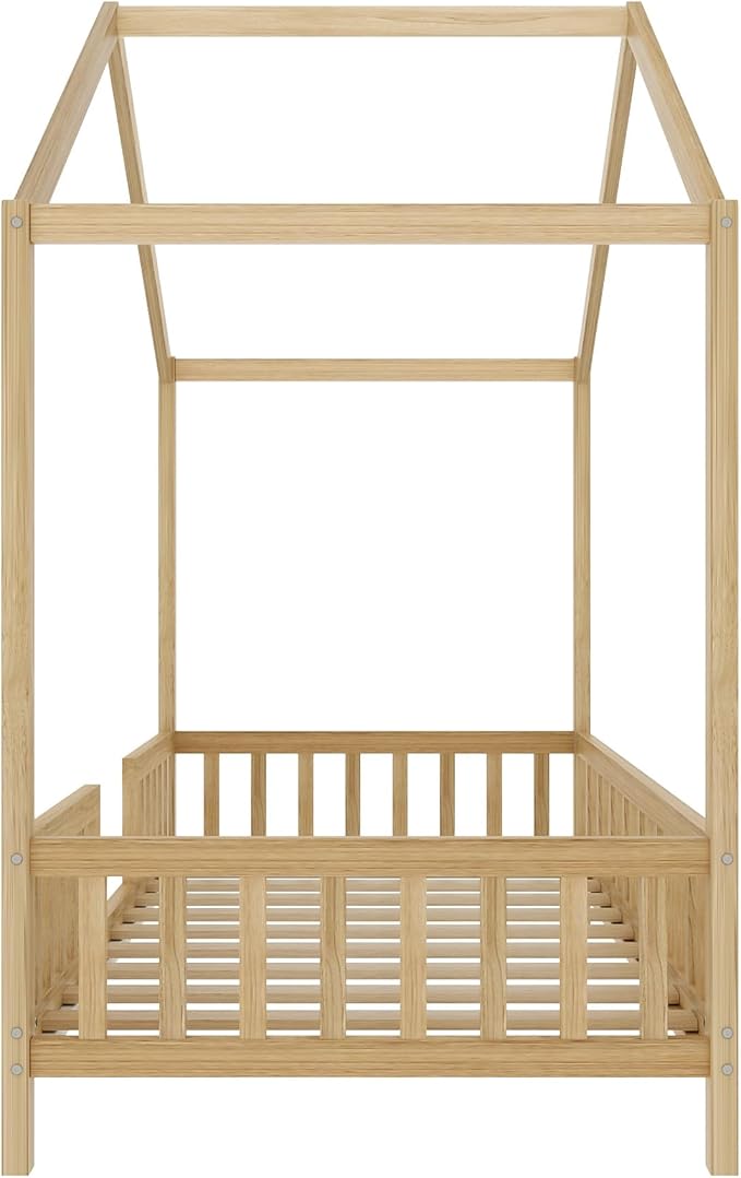 Montessori Floor Bed with Canopy, High Railings and Roof, Twin Size Wood House Bed Frame for Kids Bedroom (Natural/C2)