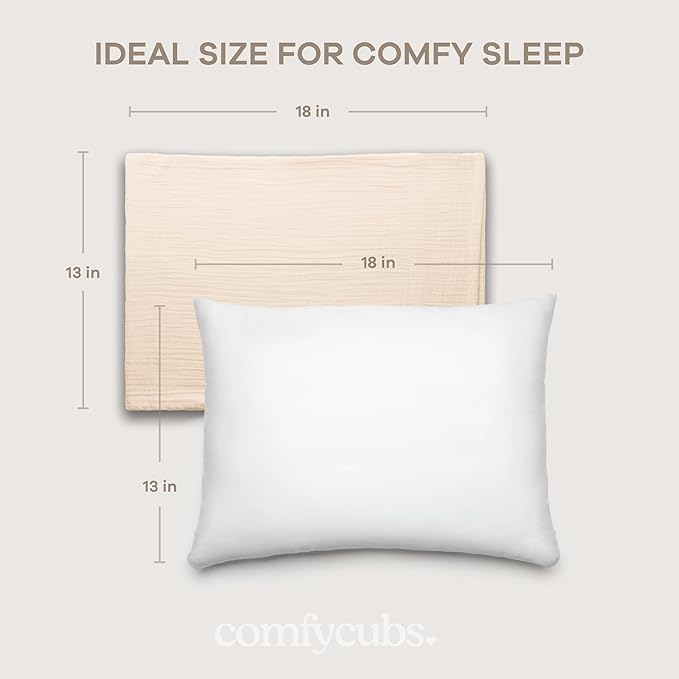 Comfy Cubs Toddler Pillow with Muslin Pillowcase, 13 x 18 in - Travel and Sleep Support for Kids - Lightweight, Breathable Microfiber Fill - Soft and Cozy Small Pillow for Toddlers - Cream