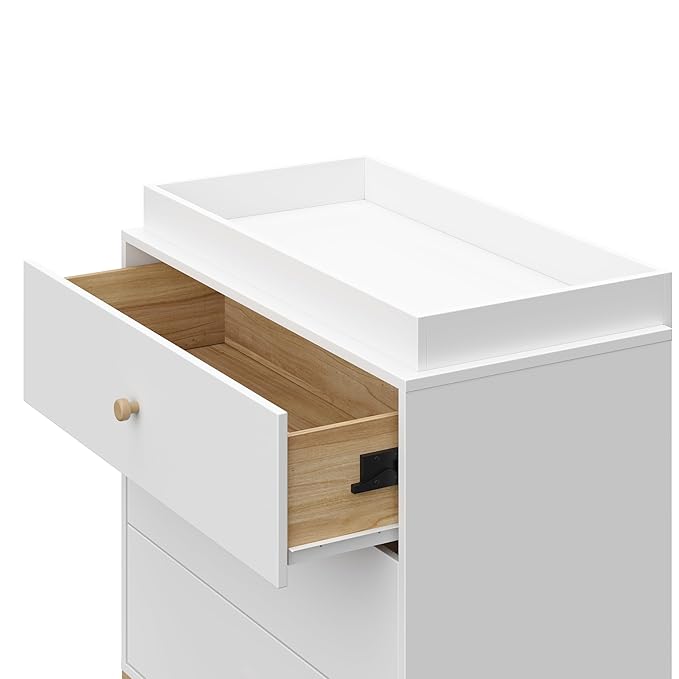 Storkcraft California 3-Drawer Chest with Removable Changing Topper (White with Driftwood) – GREENGUARD Gold Certified, Interlocking Drawer System, Pre-Installed Tracks, Easy Assembly