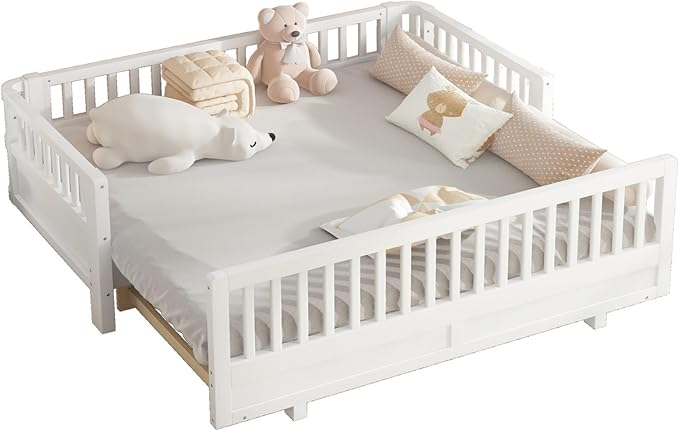 KEIKI Solid Wood Expandable Twin Size Floor Bed for Kids with Guardrails, Can Be Converted into a Double Twin Bed Platform, Montessori Low Profile Bedframe Daybed for Girls Boys, No Box Spring Needed