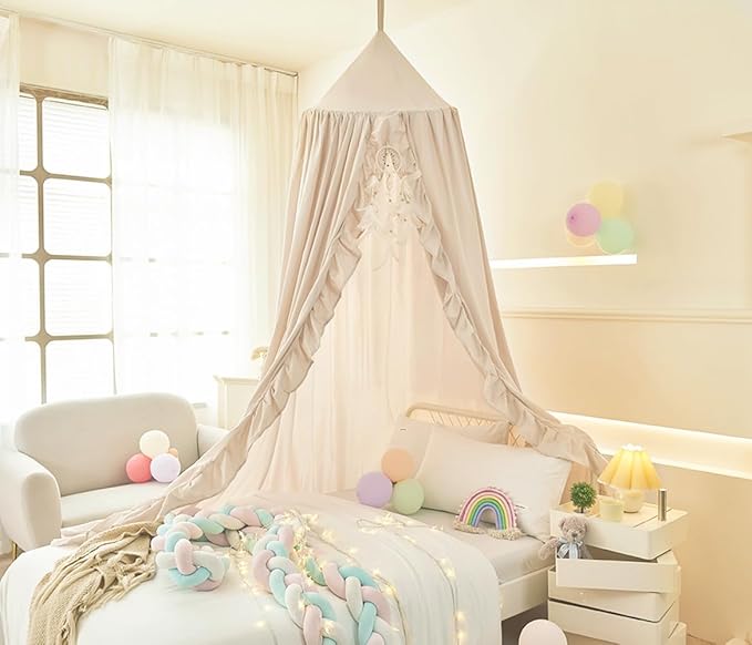 Mengersi Bed Canopy for Girls,Ruffled Canopy Bed Curtains Kids Canopy for Girls Room,Hanging Canopy Princess Play Tent for Reading Nook Play Room Decor (Ivory)